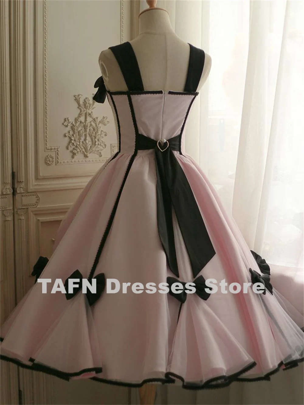 TAFN British Tea Party Princess Jumper Skirt A-line Pink Bow Prom Gown Shoulder Straps Draped プロムドレス Cute パーティードレス Zipper