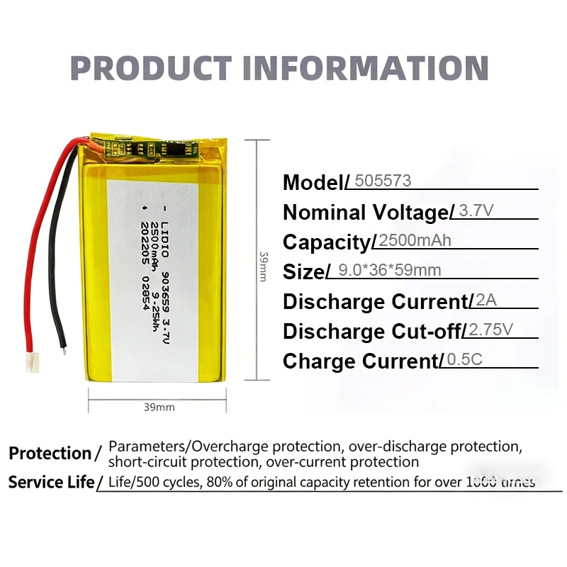 505573 3.7V 2500mAh Li-Polymer Rechargeable Battery For GPS Bluetooth Speaker Tablet DIY Smart Device