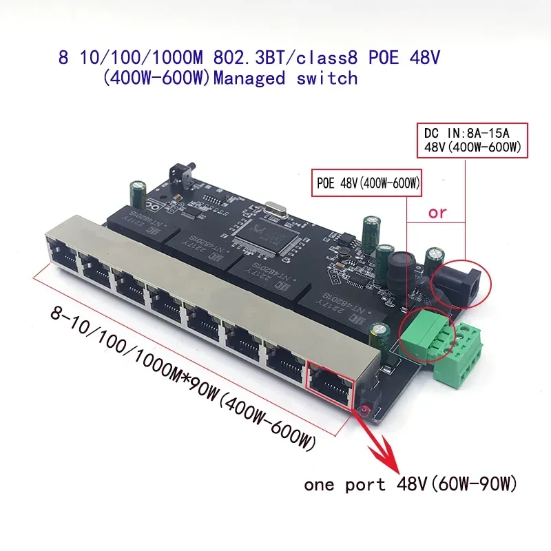 Conmutador administrado de 8 puertos 10/100/1000M POE 48V(400W-600W) 802.3BT clase8(90W.8)