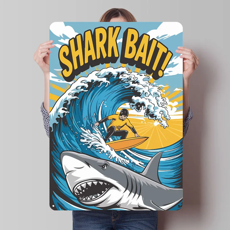Shark Bait Surfer Metal Poster Coffee Bar Accessories Customizable Metal Tin Signs for Wall Art Decoration Home Decor Retro Room