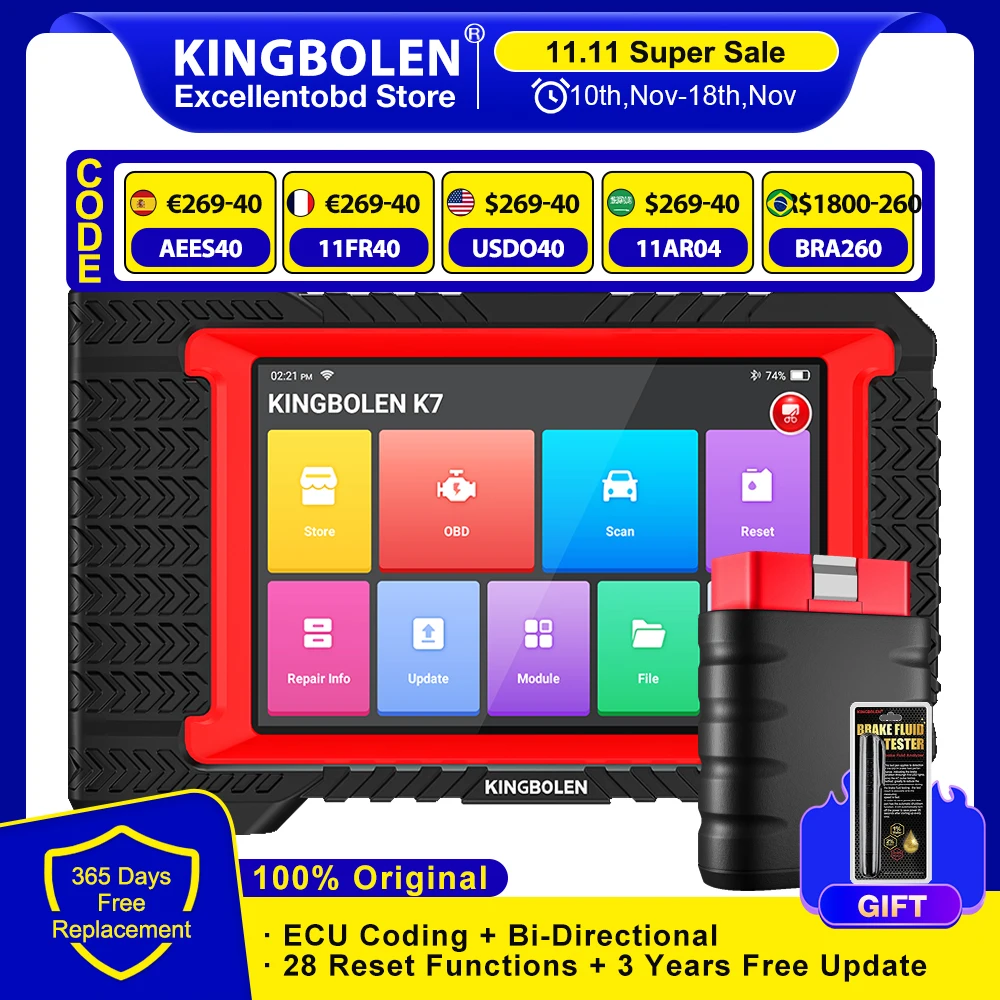 KINGBOLEN K7 All System 7 Inch Tablet Diagnostic Tool IMMO AF 28 Resets ECU Coding BI-Directional 3 Years Free pk Thinkscan Max2