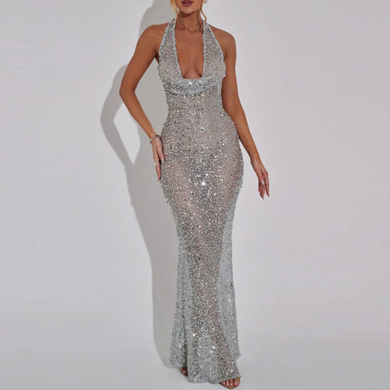 Sexy Perspective Sequin Slim Evening Dress Women Deep V Sleeveless Wrap Hip Dress 2024 Casual Backless Mermaid Long Dress Mujer