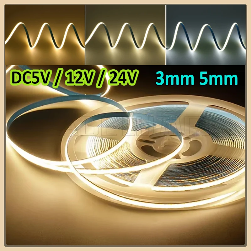 

Ultra Thin 3mm 5mm FCOB LED Strip 384LEDs/m DC5/12/24V Soft Flexible Light tape Warm white Cold white Natrual white Extra bright
