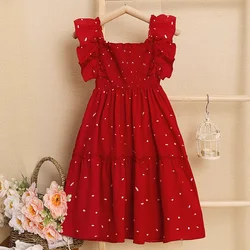 Summer Girl Clothes Sleeveless Dress Lace Cuff Suspender dress square neck Polka Dot Princess skirt elegant party dress