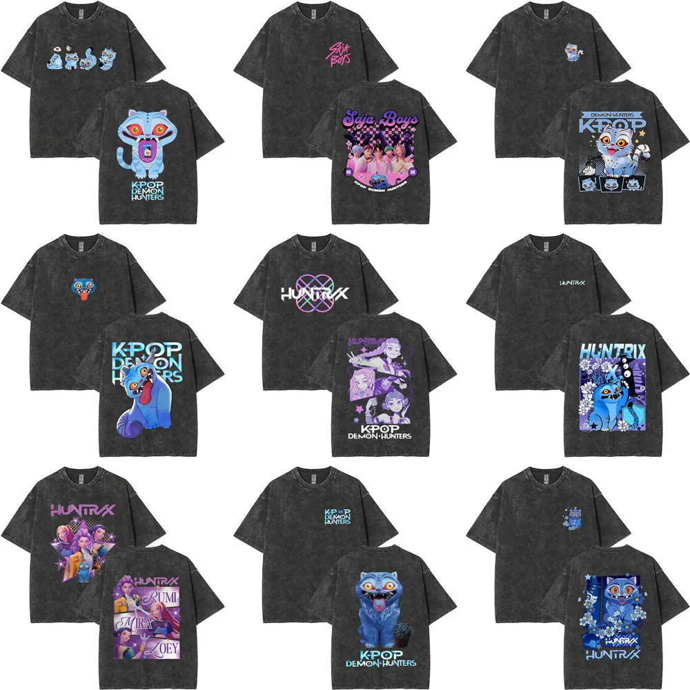 

Movie KPop Demon Hunters Washed Vintage T-shirt Men Women Fashion Oversized T-shirts Unisex Casual High Quality Cotton T Shirt