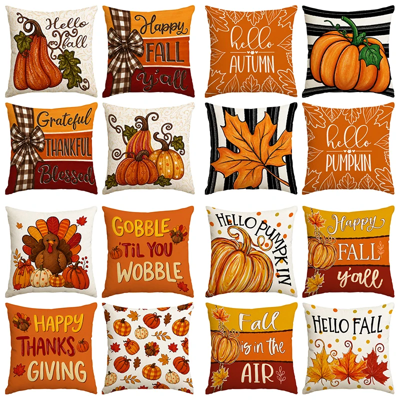 4pcs Autumn Thanksgiving Pillow Cover, Pumpkin and Maple Leaf Printed Pillowcase, Autumn Decoration (No Pillow Core)