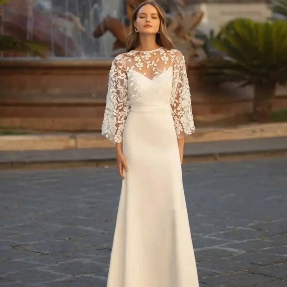 Fall In Love-Robe de mariée à manches longues et col rond pour femmes, appliques florales, robe de patients, longueur au sol, nouveau, éducatif, 2024