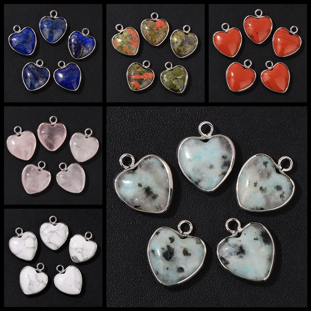 15MM Natural Stone Pendant Heart Shape Howlite Jaspers Quartzs Cute Charm For Jewelry Making Necklace Bracelet Earrings DIY 2PCS