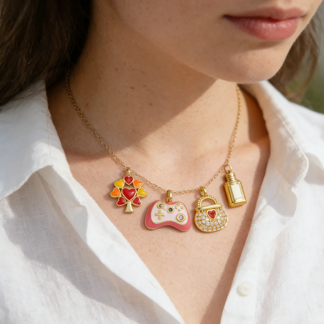 

4Pcs Pendant Brass Zircon Handmade Enamel Heart Lock Gamepad DIY Jewelry for Bracelet Necklace Accessories Daily Wear Party Gift