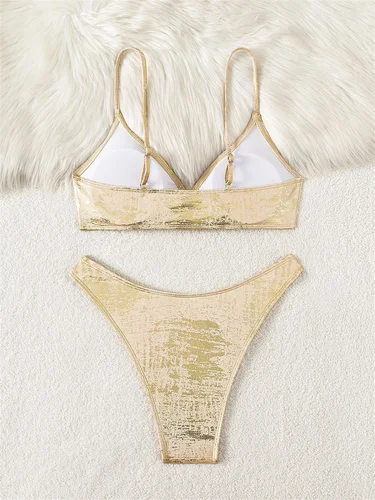 Imagen 2 del producto Conjunto de Bikini Vintage con relieve dorado, traje de baño metálico brillante, trajes de baño Push Up, traje de vacaciones para mujer, conjunto de natación para playa, traje de baño