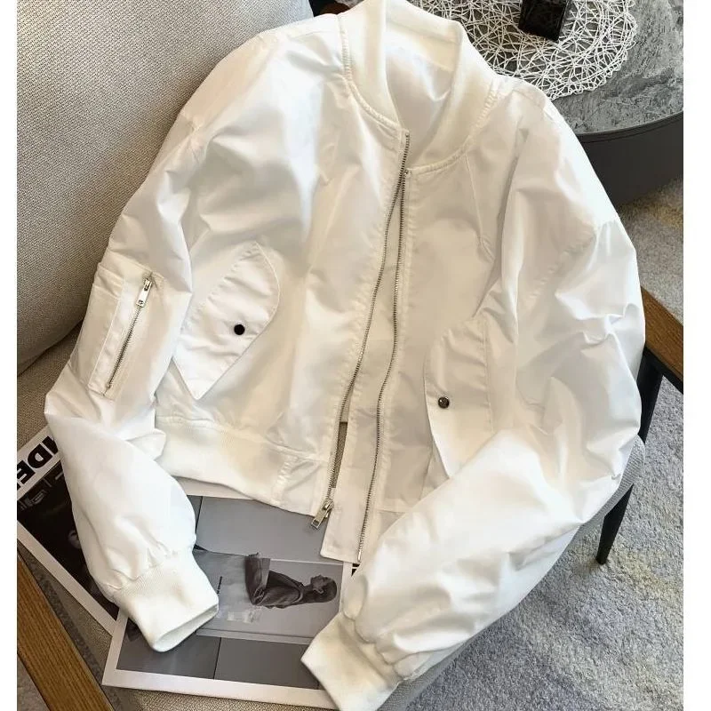 Korean Women Cropped Jacket Black White Casual Zippered Pocket Stand-up Collar Thin Style Loose Baseball Aviation Top for Spring