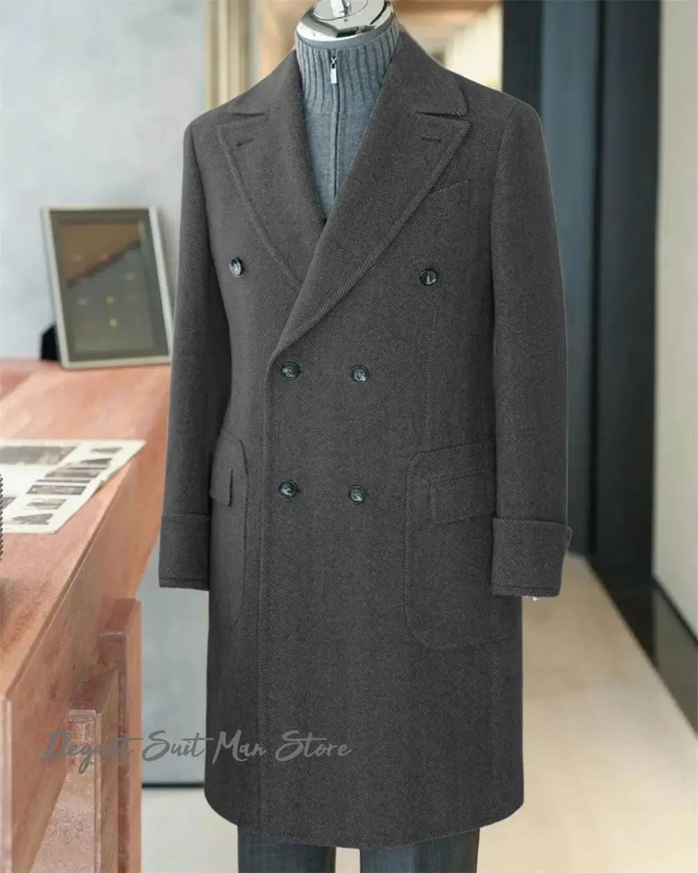 

British Style herringbone Autumn Long Men's Coat Peaked Lapel Tuxedos Single Breasted Man Business Coats Man Blazer Customized