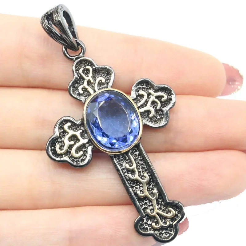 Buy 3 Get 1 Free 63x34mm Punk Long Cross 16g   Pink Morganite Violet Tanzanite For Man Street Jewelry Black Gold Silver Pendant