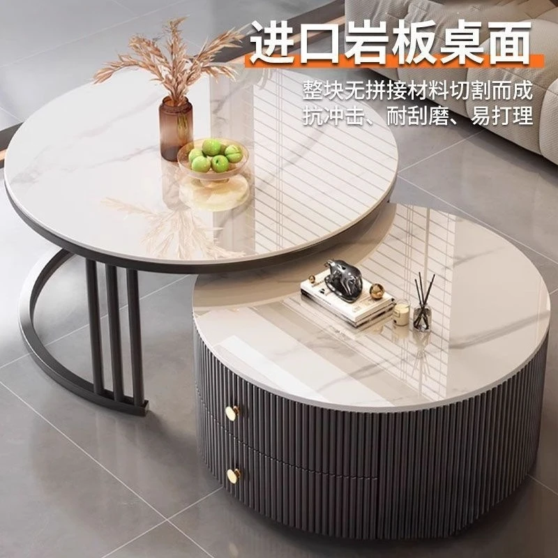 Slate coffee table modern simple solid wood round small apartment coffee table living room light luxury household minimalist - view 5