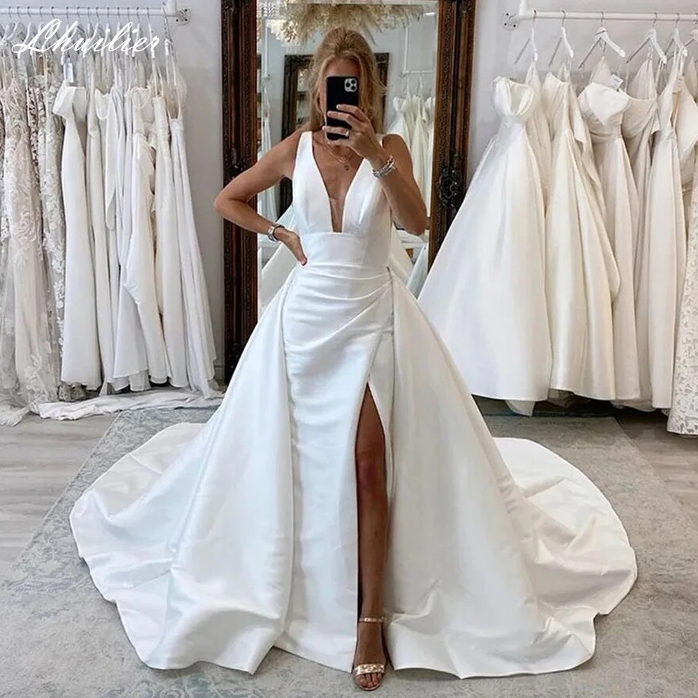 

Lhuillier 2 in 1 Sexy V Neck Satin Wedding Dresses Sleeveless High Slit Backless Bridal Dress with Detachable Train