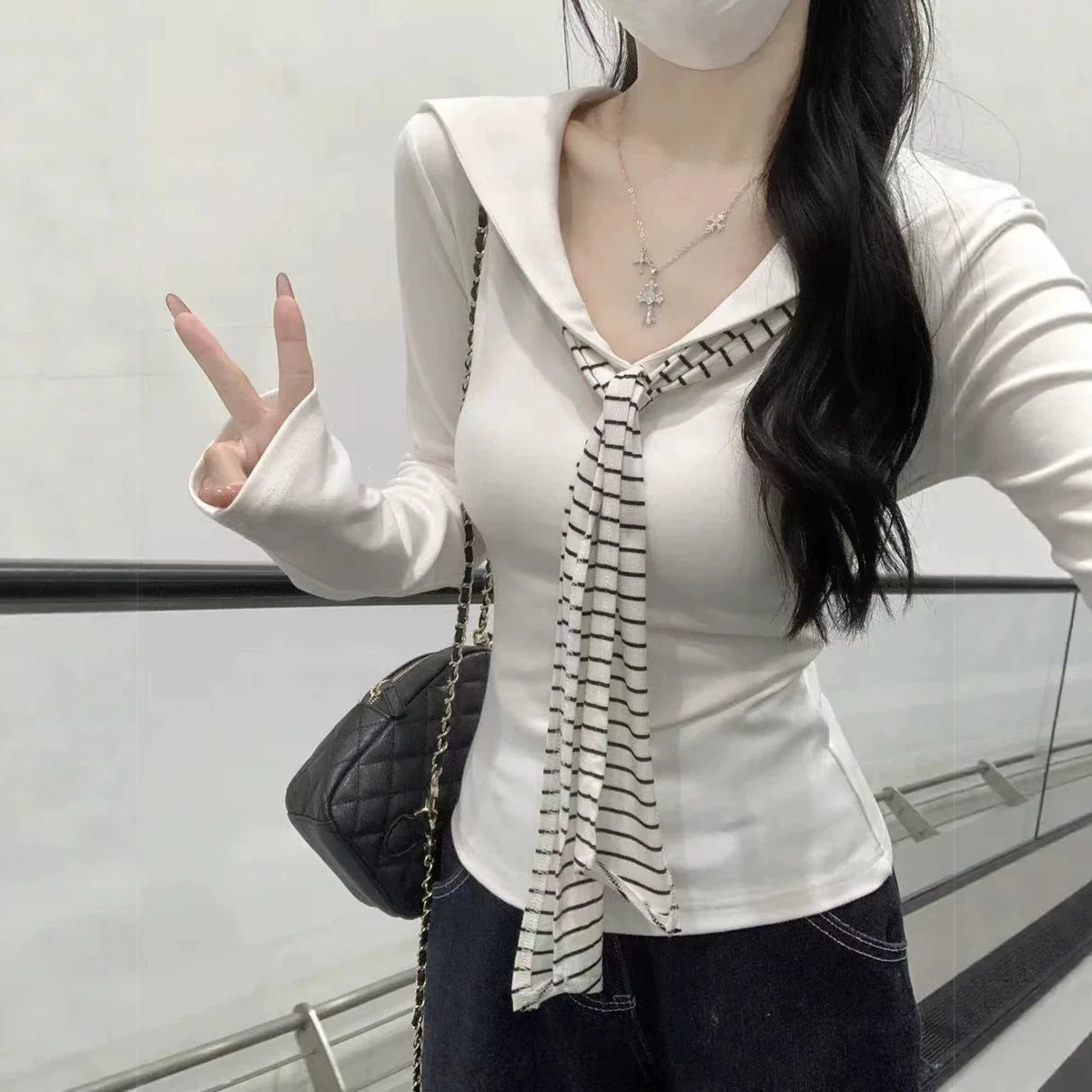 Casual Knitted Long Sleeve Navy Collar T-Shirt Women's Autumn Korean Style College President Slimming Versatile White Top