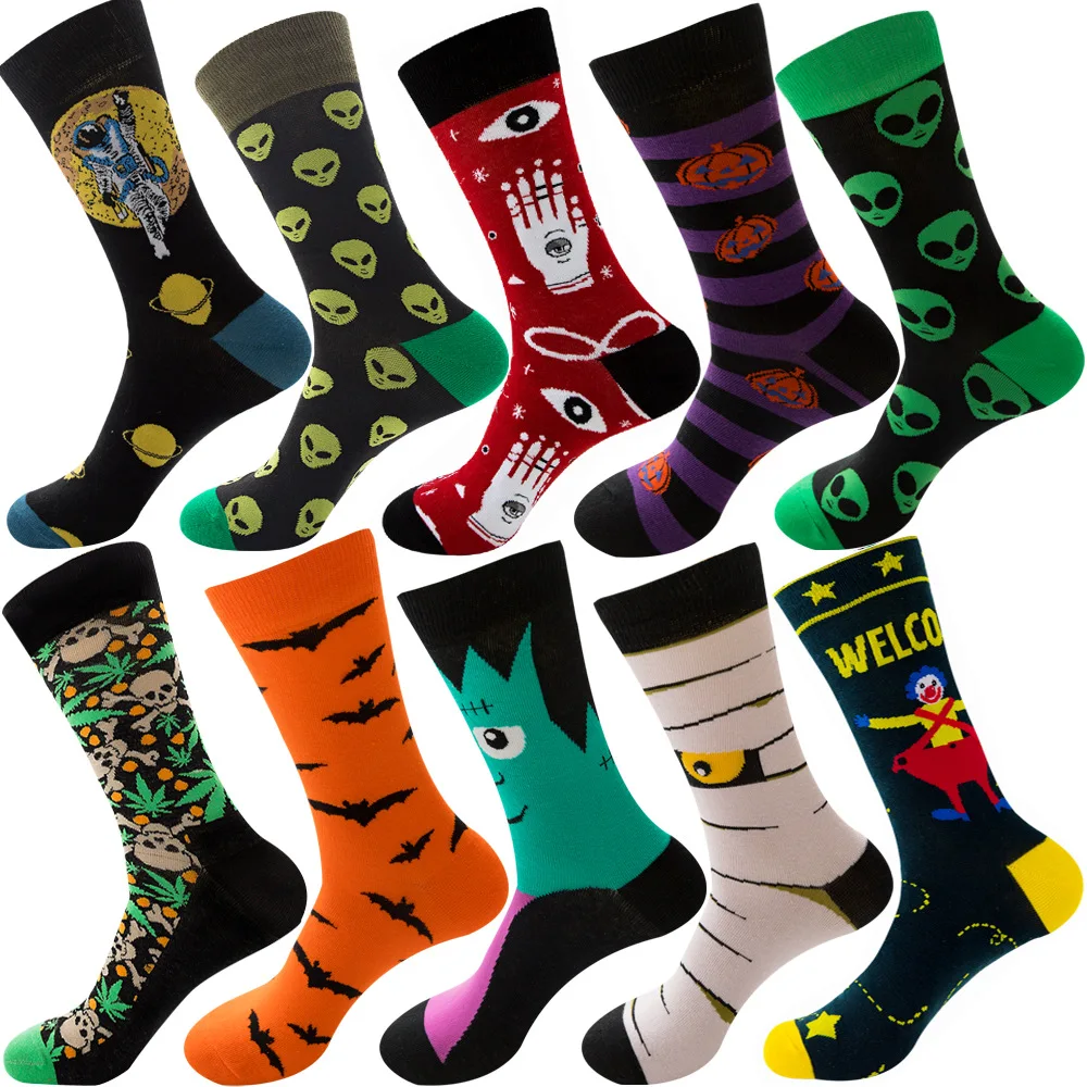Trendige Halloween-Socken für Herren, Baumwollsocken mit Totenkopf-Motiv, Bunte Hip-Hop-Socken mit Kürbis, Fledermaus und Spinne, Lustige Warme Winter-Langsocken für Damen