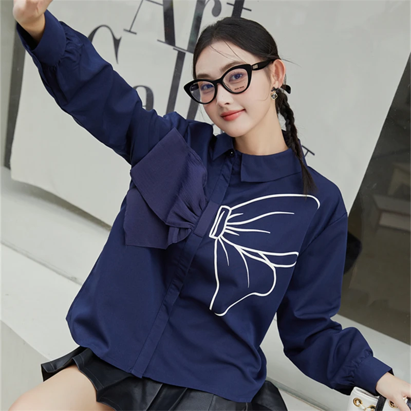 Fashion Sweet Bow Blouse Women Spring Autumn Turn-down Collar Long Sleeve Tops Kawaii Shirts Blusas Mujer Korean Harajuku Shirt