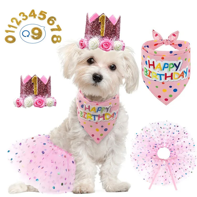 Dog Birthday Scarf Hat Set Cat Party Supplies Pet Scarf Puppy Birthday Lace Hat Scarf For Small Medium Dog Pet Accessories