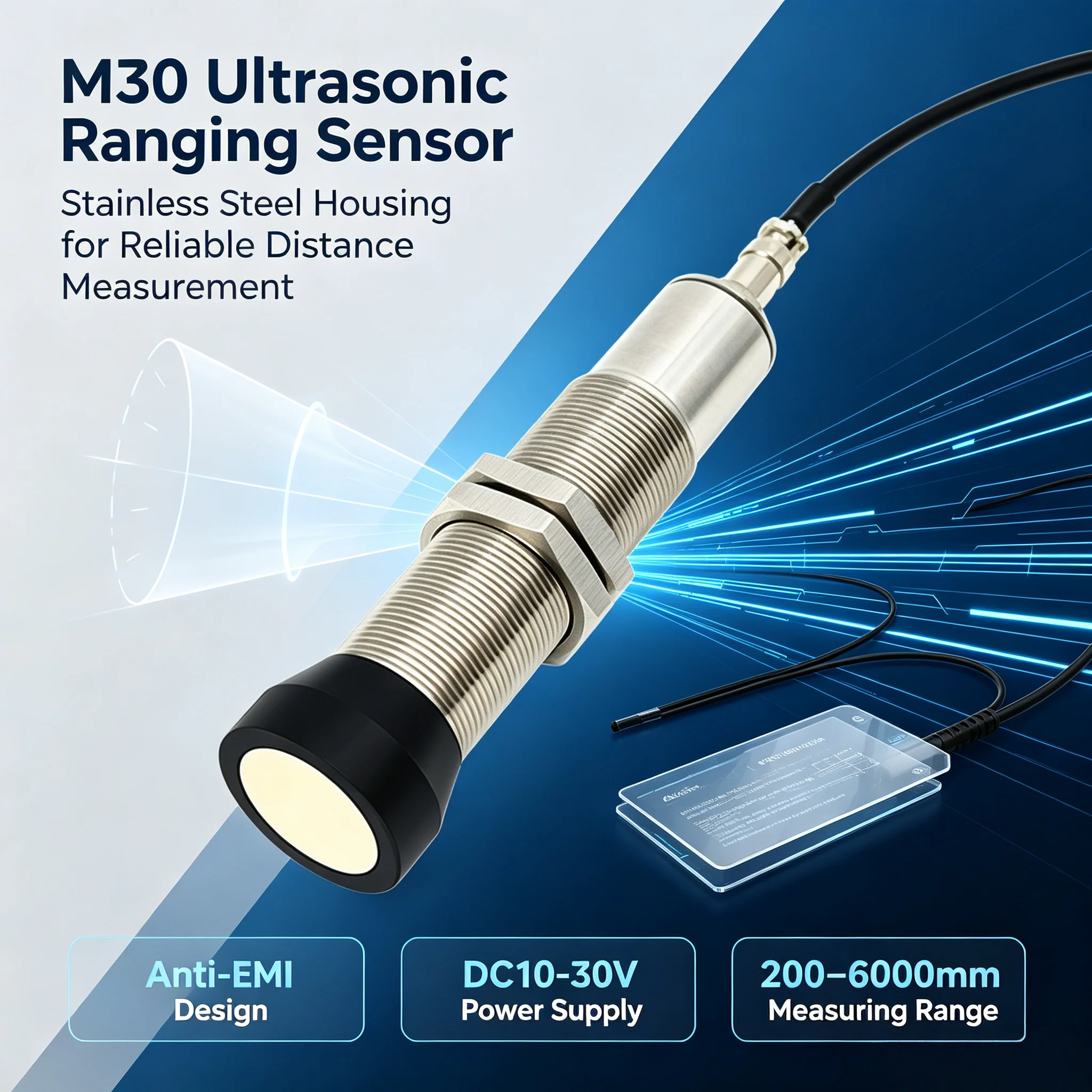 Long Range 4 Meters Ultrasonic Distance Sensor DC24V 4-20ma NPN/PNP Thread Mount 70/100/200kHz IP68 Rated 0.5% Accuracy