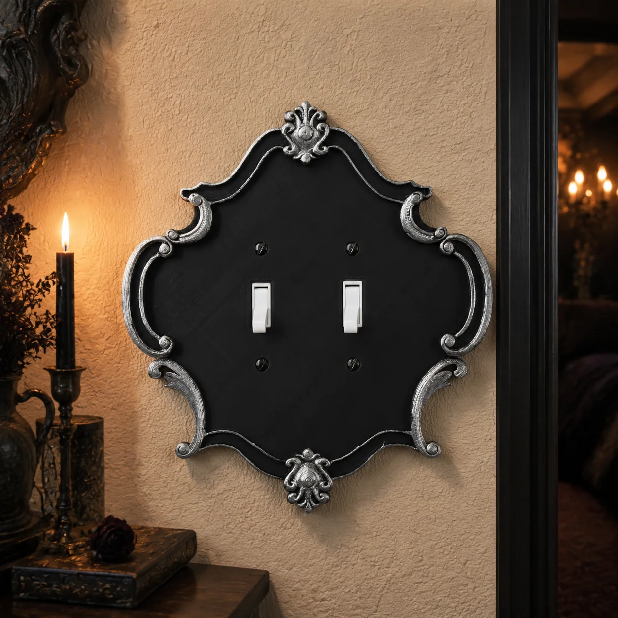 Cross-border Supply Vintage Gold Trim Double Toggle Carved Switch Plate Baroque Relief Resin Light Switch Cover Home Wall Decor