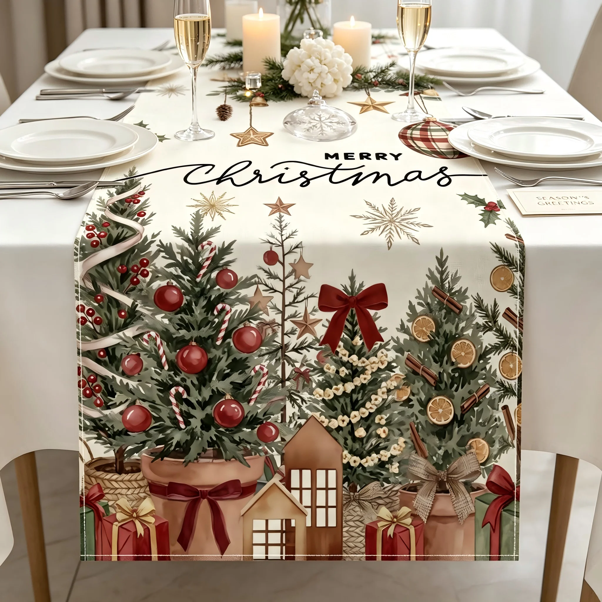 1 Piece of Retro Pastoral Christmas Table Flag Light-Painted Potted Christmas Tree with Star Hangings for Christmas Family Dinne