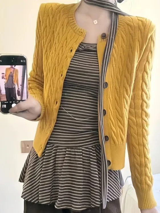 

Korean Sle Thi Knitted Yellow Twisted Sweater Cardigan Women's Autumn Winter ort Outerwear Lazy Sle Knitwear Top