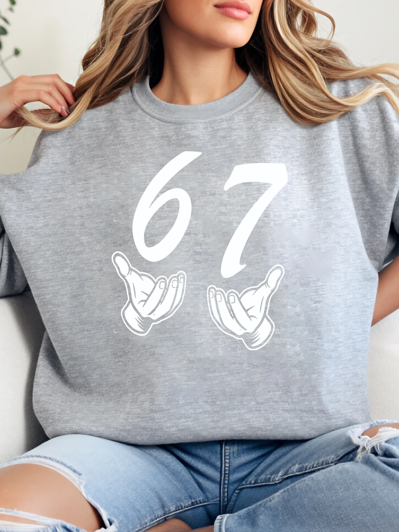 67 Hand Signs Print Halloween Sweatshirt Women Casual Wear Party Gray Plus-Size