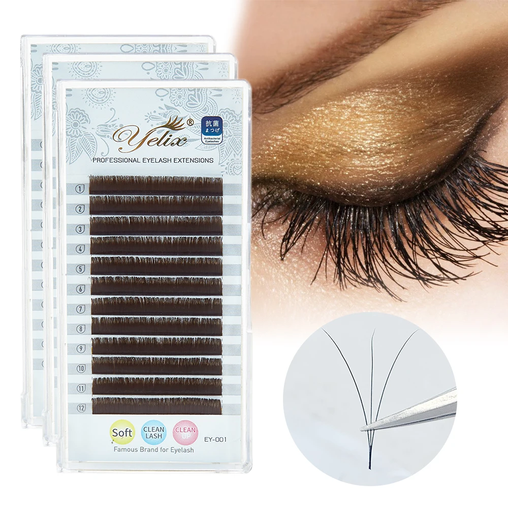 Yelix Brown Easy Fan Eyelash Extensions Lash Clusters Natural Fluffy Wispy False Lashes Volume Soft Curly Handmade Quick Bloom