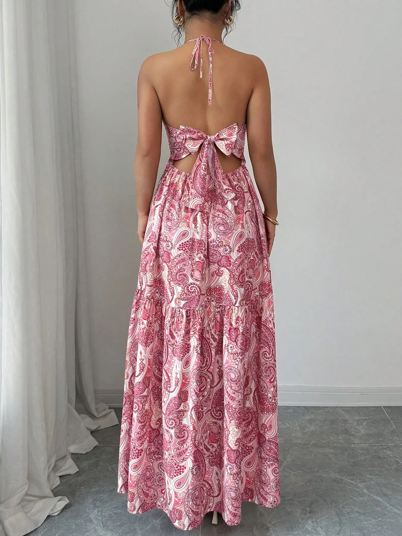 Peleis Walnut Flower V-Neck Thin Strap Dress,Natural Wood Beaded Halter Double Layer A-Line Skirt