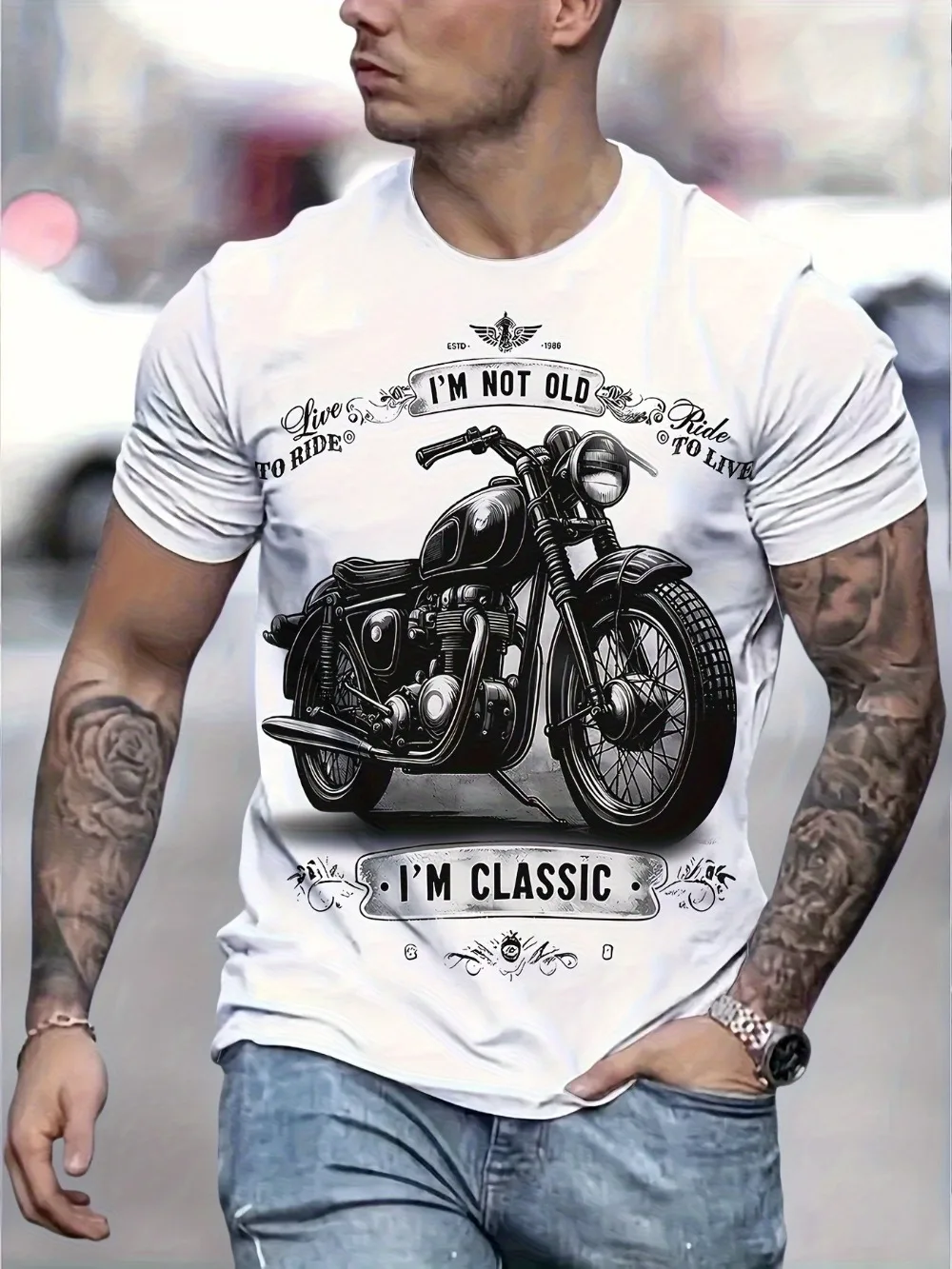 Retro-style Motorcycle Pattern Summer Printed Large-sized 26-27 T-shirt Loose and Comfortable Suitable for Daily Wear