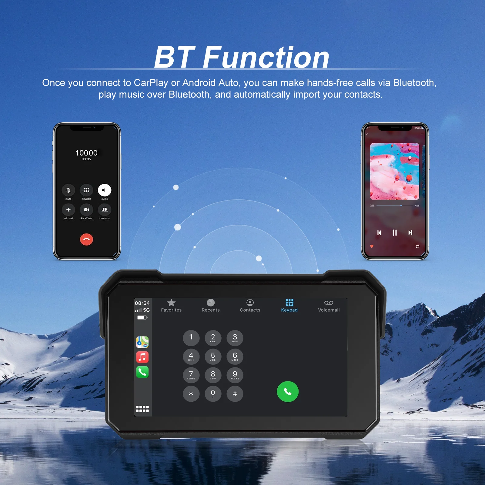 Podofo Reproductor Inteligente para Motocicleta con Pantalla Táctil IPS de 5 Pulgadas, GPS Portátil Impermeable IP68, Carplay Inalámbrico, Android Auto, Bluetooth, Dispositivo de Audio para Motocicleta 4