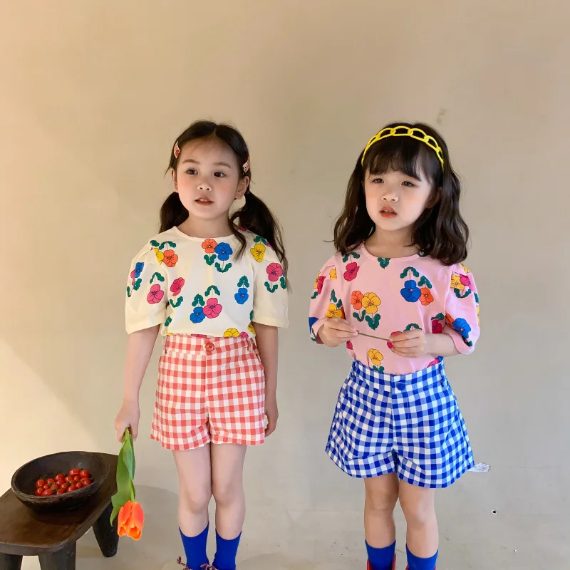 

RAISE 2026 Summer Kids Baby Girls 2PCS Clothes Set Cotton Floral Printed Tops Elastic Waist Plaid Shorts Toddler Girls Outfits