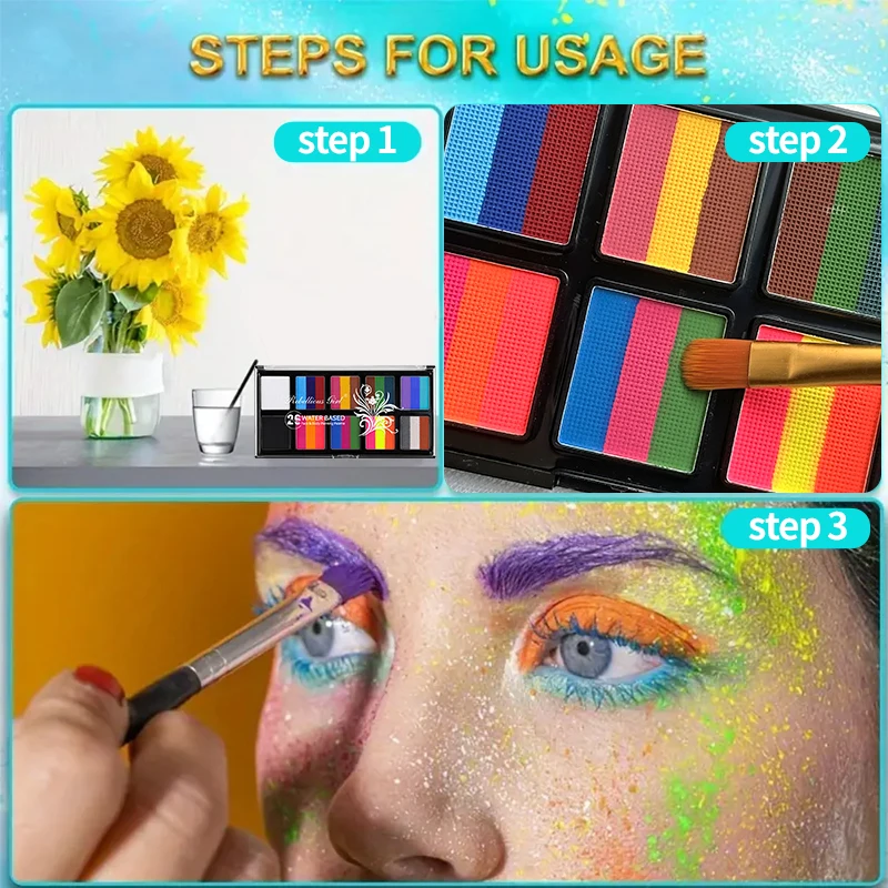 Juego de pintura corporal de 26 colores con pinceles y pegatinas, pintura corporal luminosa UV soluble en agua, arte para actuaciones en escenario, maquillaje