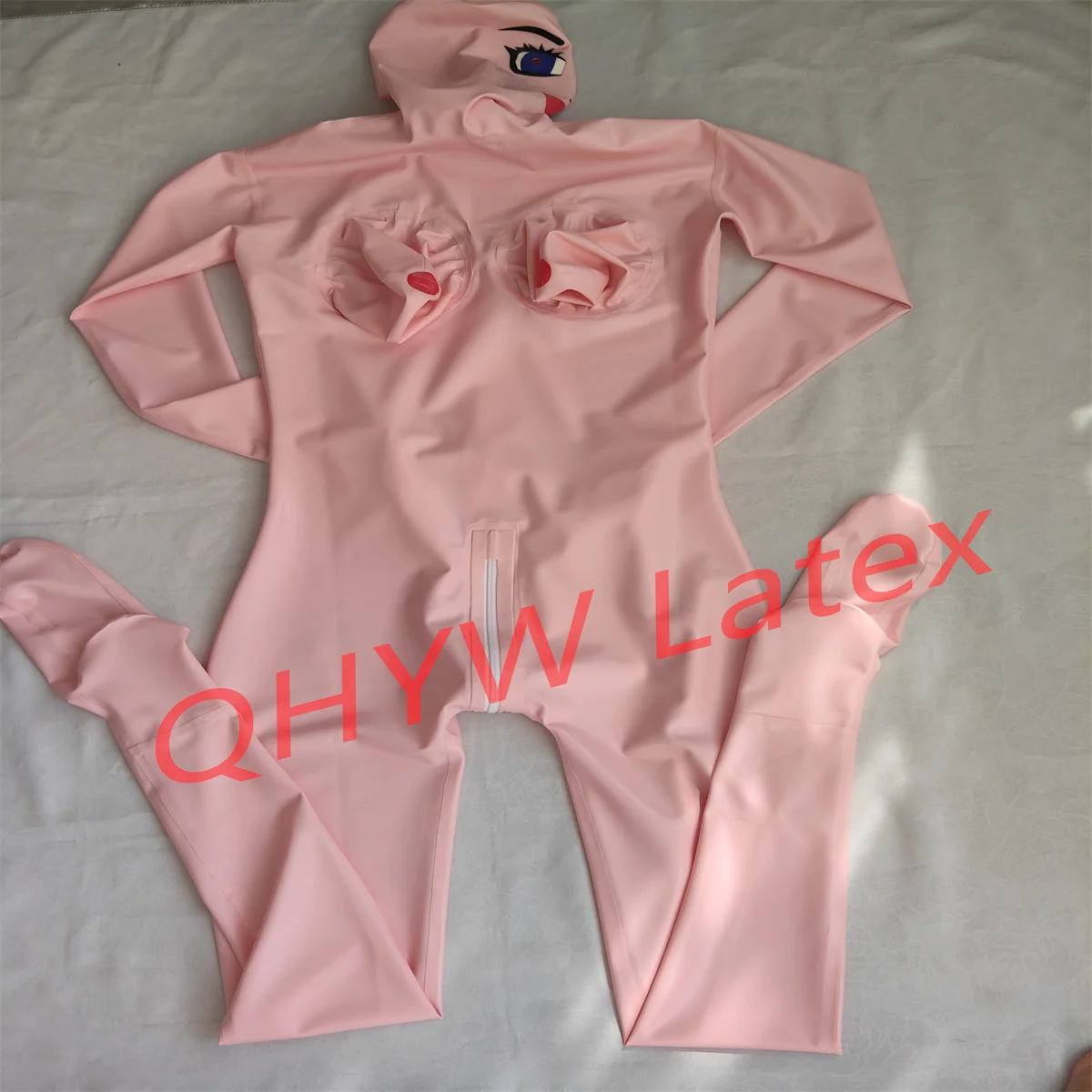 Lateksowy kombinezon Catsuit Pink Full Body 3d Breast Rubber Bodysuit Full Cover Suit z zamkiem błyskawicznym z tyłu w kroku Ręcznie robione dla