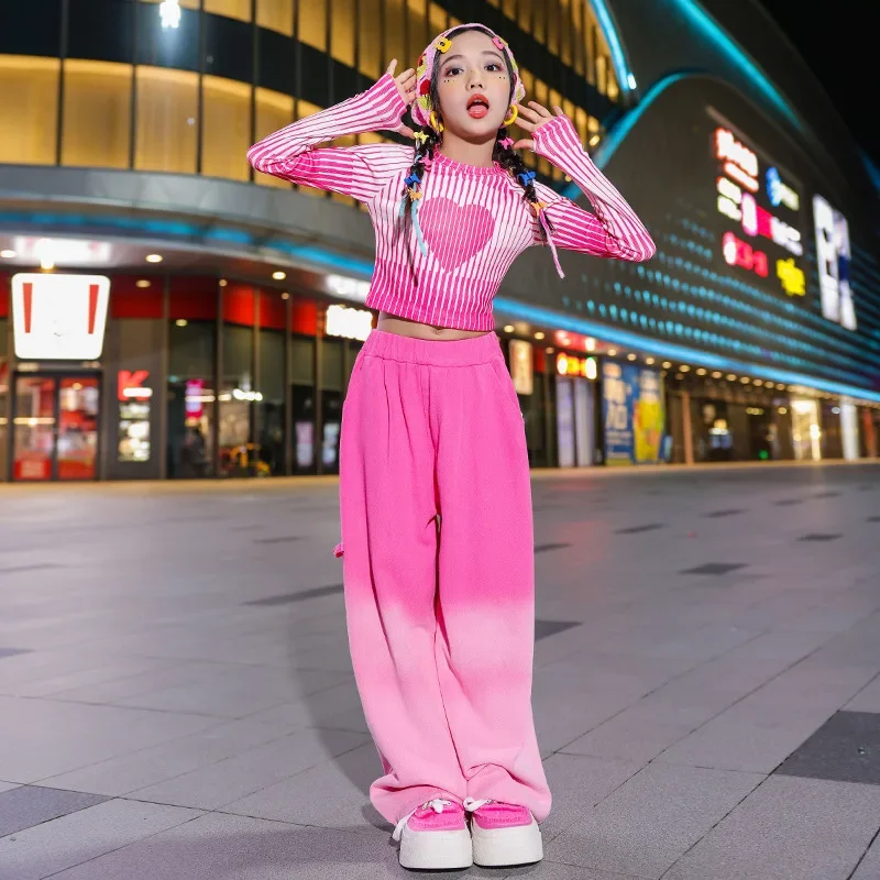 Neue Mädchen rosa Jazz Tanz Kostüm gestreifte Tops Baggy Pants Hip Hop Kinder Performance Anzug Rave Outfit Teenager Street Dance wear