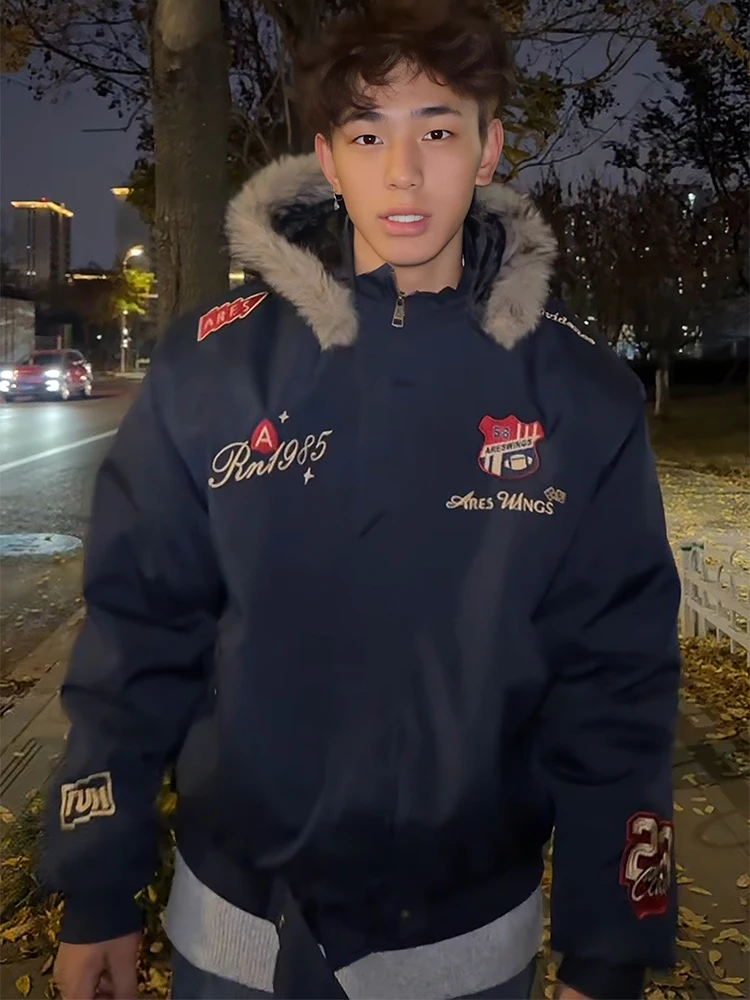 

Blue American Embroidery Hooded Cotton Jaet Men's Winter Thi Warm Motorcycle Design ort Sle Stand Fit Polyester Fiber