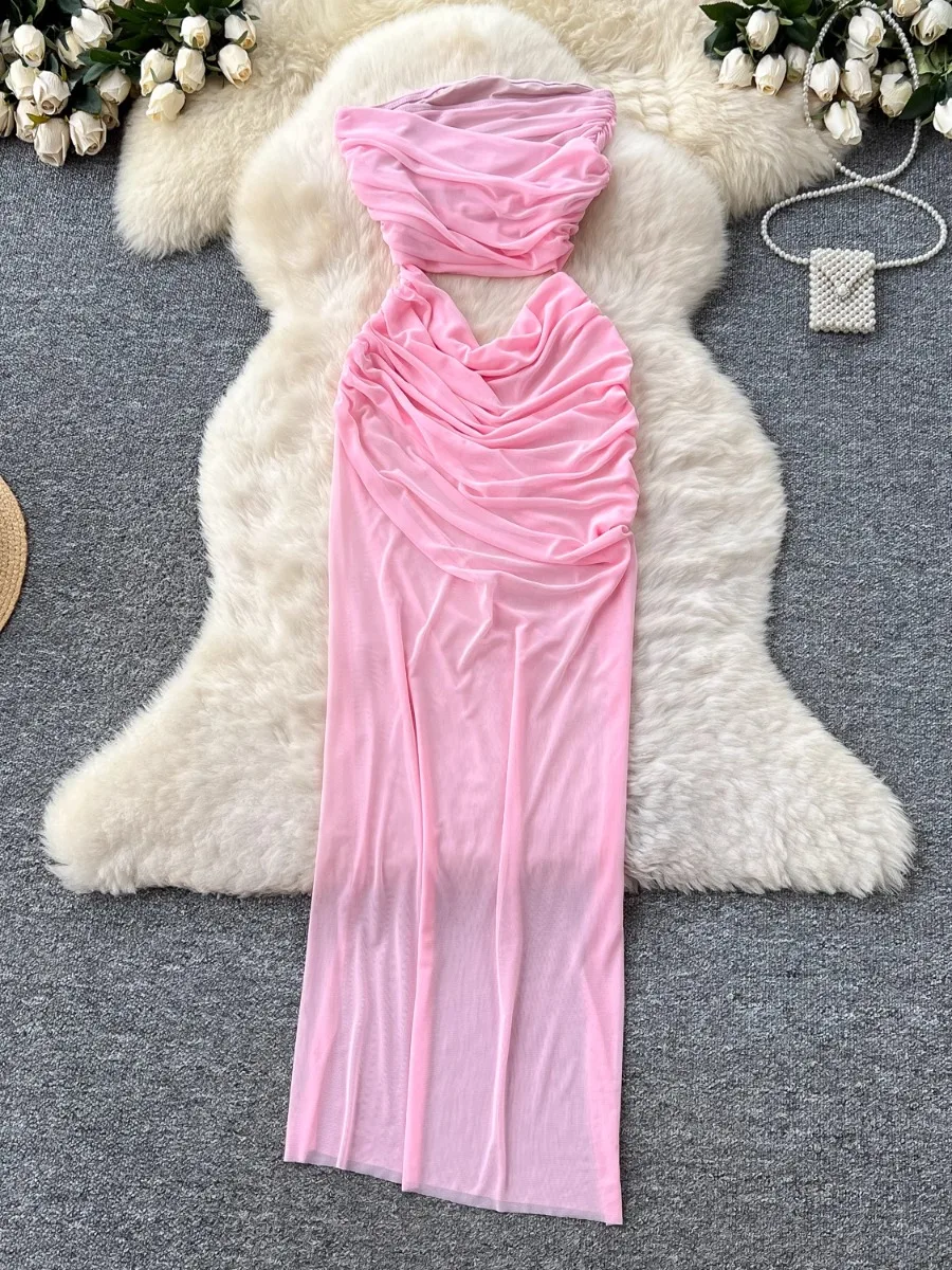 Foamlina Abito slim senza maniche con vita cava alla moda Abiti longuette in rete divisa con ritaglio a cuore sexy americano da donna