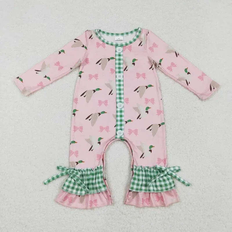 

8.16y Baby Girls Green Plaid Long Sleeve Romper with Duck Bow Pattern Lace Detail Pink Boutique Quality Onesie for Infants