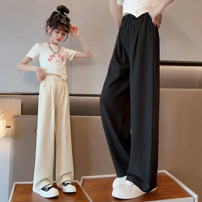 2026 Children Wide Leg Pants Fashion Summer Kids Casual Thin Cool Cropped Trousers Girls ice silk Pants Teen 6 8 10 12 14 Year