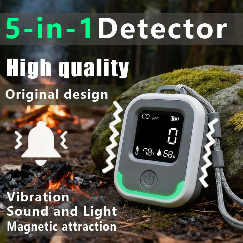5-in-1 Vibrating Carbon Monoxide Detector, Suitable for Caravans and Camping, Portable and Rechargeable, Measures Carbon Monoxid