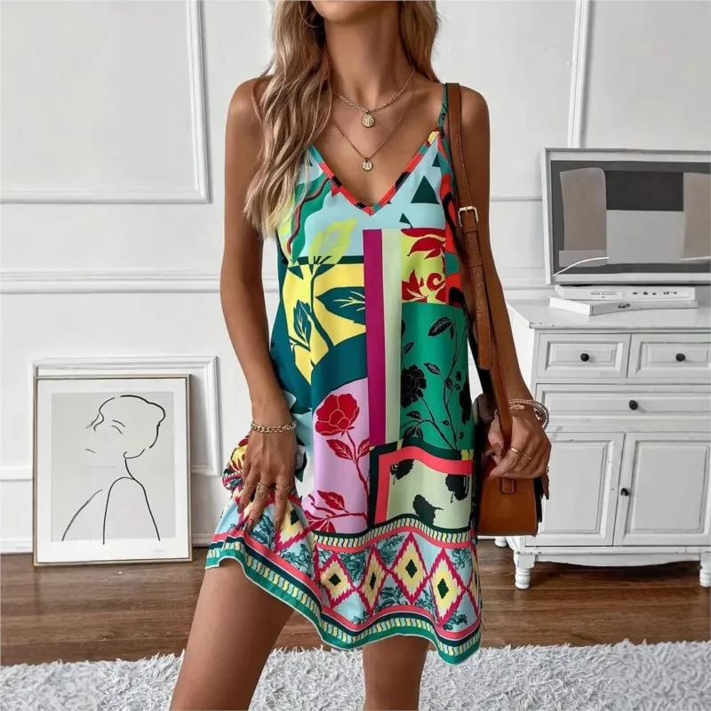 

Sexy Sleeveless V-Neck Printed Mini Dress Women's 2025 Summer Fashion Elegant Casual Beach Vacation Loose Waist Short Dresses