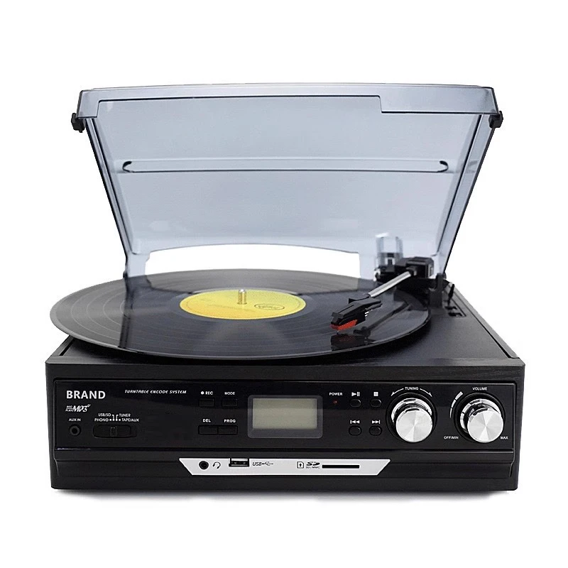 3-Speed Bluetooth Vinyl LP Record Player Turntable Built-in Speakers Gramophone AM/FM Radio Cassette USB/SD Recorder