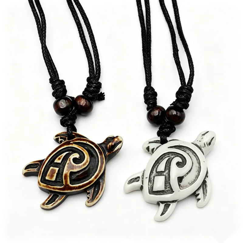 RUEMOY Spiral Tribal Sea Turtle Necklaces, Resin Faux Bone, 2 Colors, Adjustable Black Beaded Cord Hawaiian Jewelry