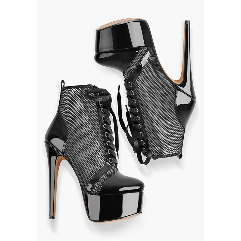 Onlymaker Women Platform Ankle Boots Black Lace Up Mesh 16CM Thin High Heel Summer Sandals Fashion Stiletto Female Booties