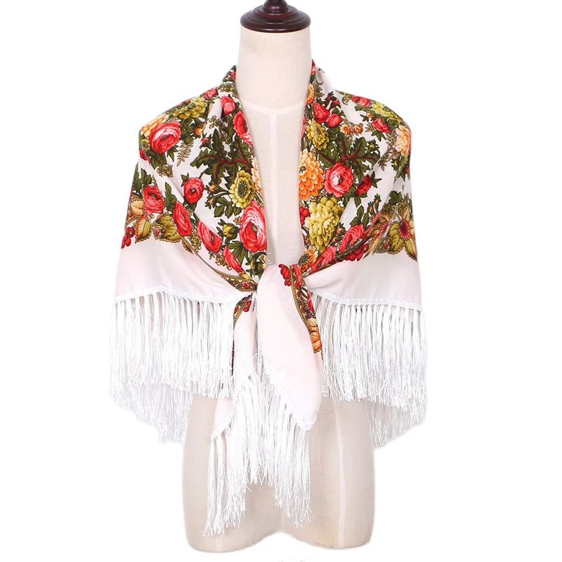 

Russian National Style Scarf Printed Autumn Winter Woman Tassel Cotton Shaw Ethnic Head Wrap Square Blanket Scarf Wrap Bandana