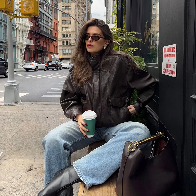 

Women's Vintage Stand Neck Short Coat Autumn Winter Casual High Street Leather Jacket Trendy Fashion Pocket Versatile Outerwear