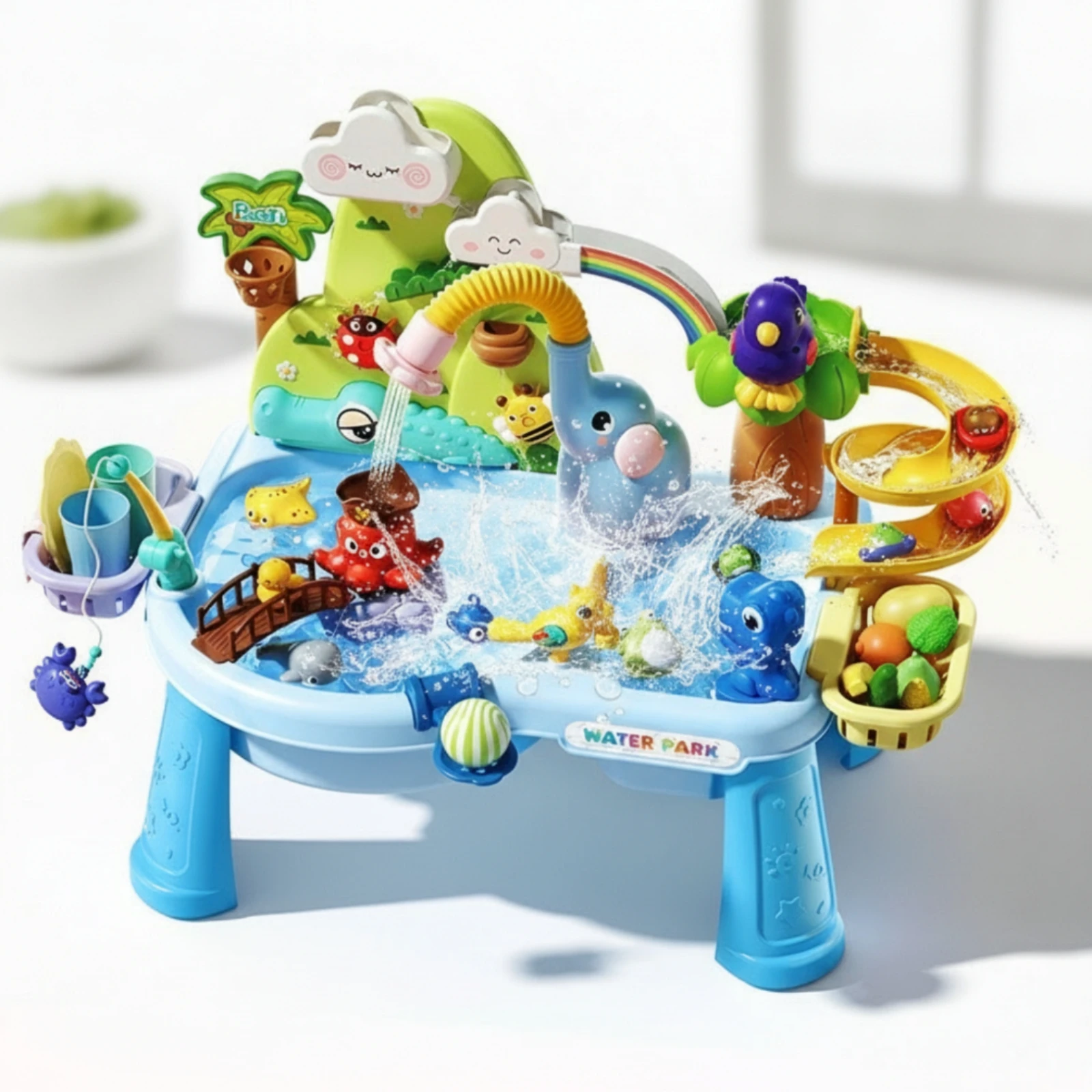 チャンネルデザイン子供用遊具レイズドスライドエレファントウォーターテーブル幼児用感覚ウォーターテーブルレインボーデコレーション