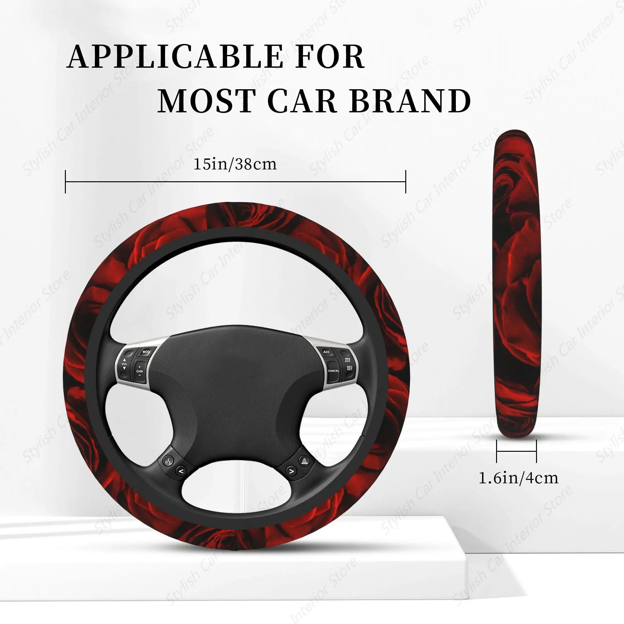 Red Roses Steering Wheel Cover, Elastic Non-Slip Steering Wheel Protector,Auto Interior Decor for Women Girls image 2