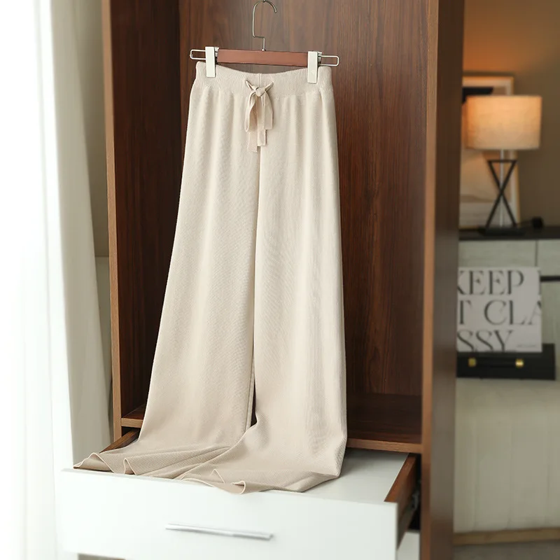 

Y2k Autumn Winter New High-Waisted Loose Wool Knitted Wide-Leg Trousers For Women To Wear Straight Leg Wide-Leg Moped Trousers